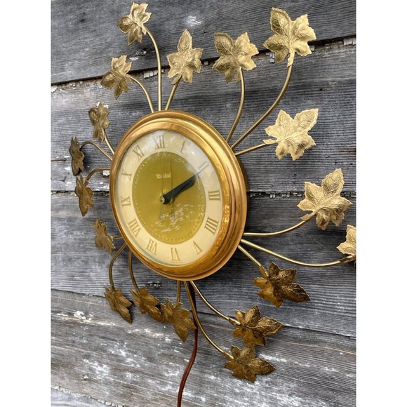 Vintage MCM United Starburst Ivy Leaves Electric wall clock Gold - Picture 9 of 14